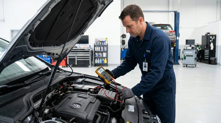 Technician testing and replacing a car battery at a Madera, CA auto repair shop