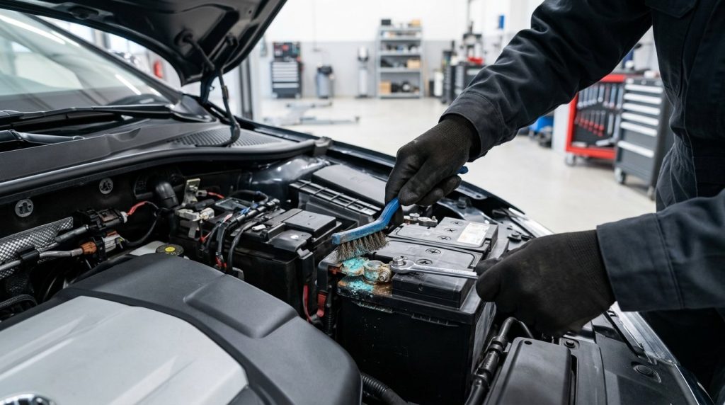 Mechanic cleaning a corroded car battery terminal at a Madera, CA auto shop