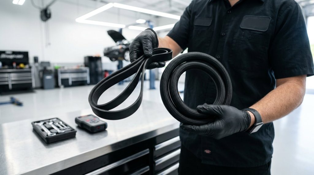 Mechanic holding a serpentine belt and radiator hose for belt and hose replacement in Madera, CA