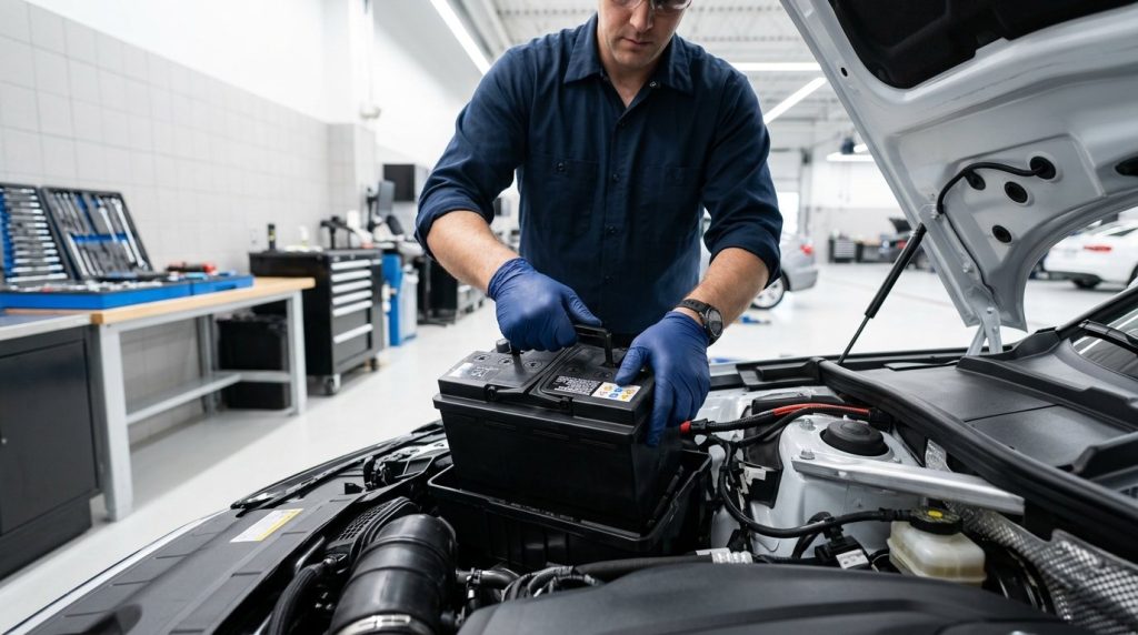 Technician installing a new car battery in Madera, CA