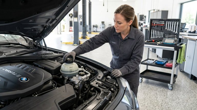 Technician servicing a power steering system in Madera, CA