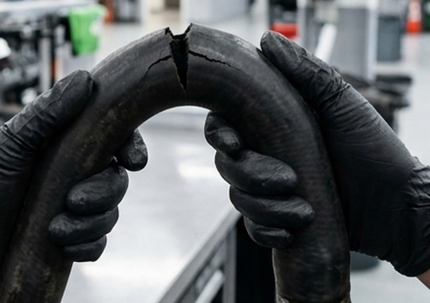 Mechanic inspecting a cracked radiator coolant hose in Madera, CA