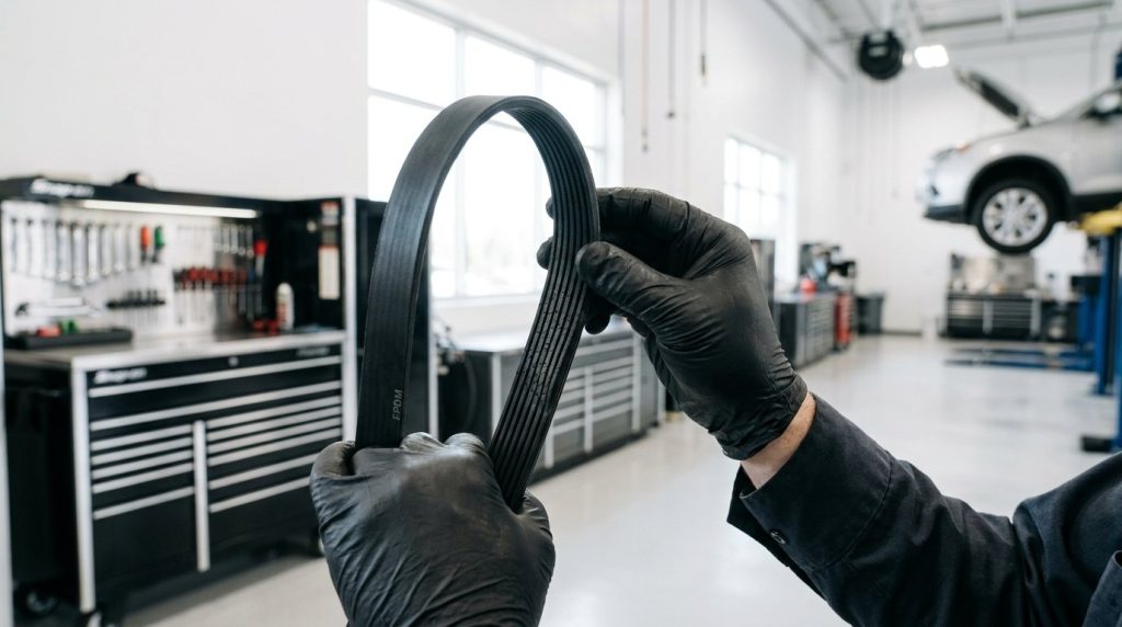 Mechanic inspecting a serpentine belt for wear in Madera, CA