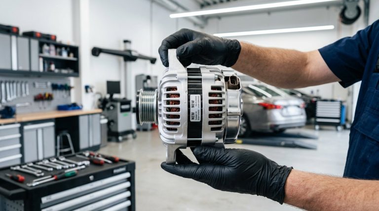 Mechanic holding a new alternator for starter and alternator repair in Madera, CA