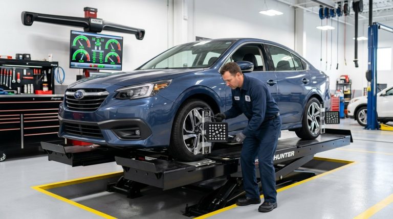 Technician performing a wheel alignment at Donovan Automotive Diagnostic and Service in Madera, CA