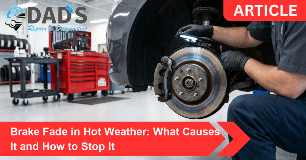 Technician shining a work light on a heat-discolored brake rotor in a clean shop