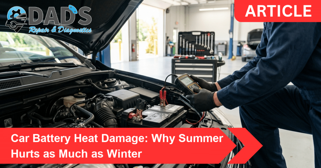 Technician testing a car battery for heat damage with a handheld tester in an auto repair shop bay