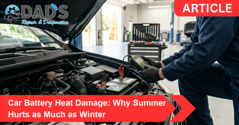 Technician testing a car battery for heat damage with a handheld tester in an auto repair shop bay