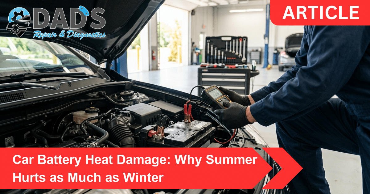 Technician testing a car battery for heat damage with a handheld tester in an auto repair shop bay