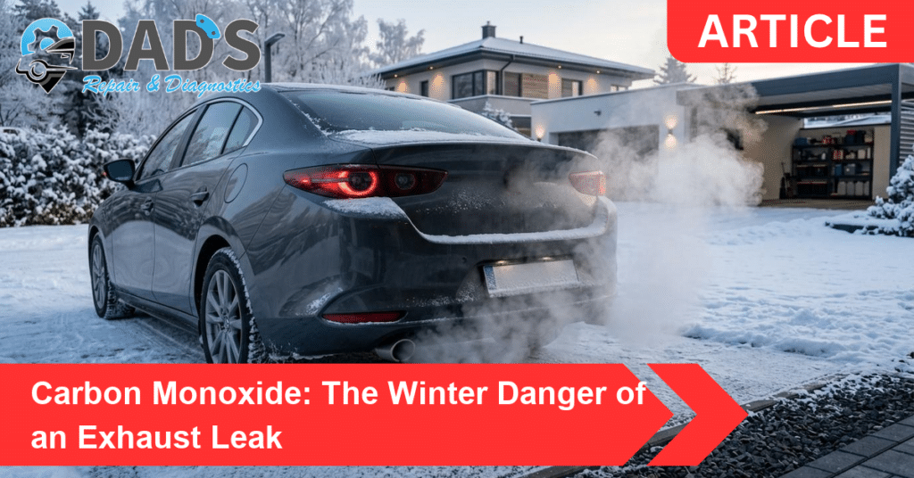 A car idling in a snowy driveway with exhaust billowing, illustrating the carbon monoxide danger of an exhaust leak in winter