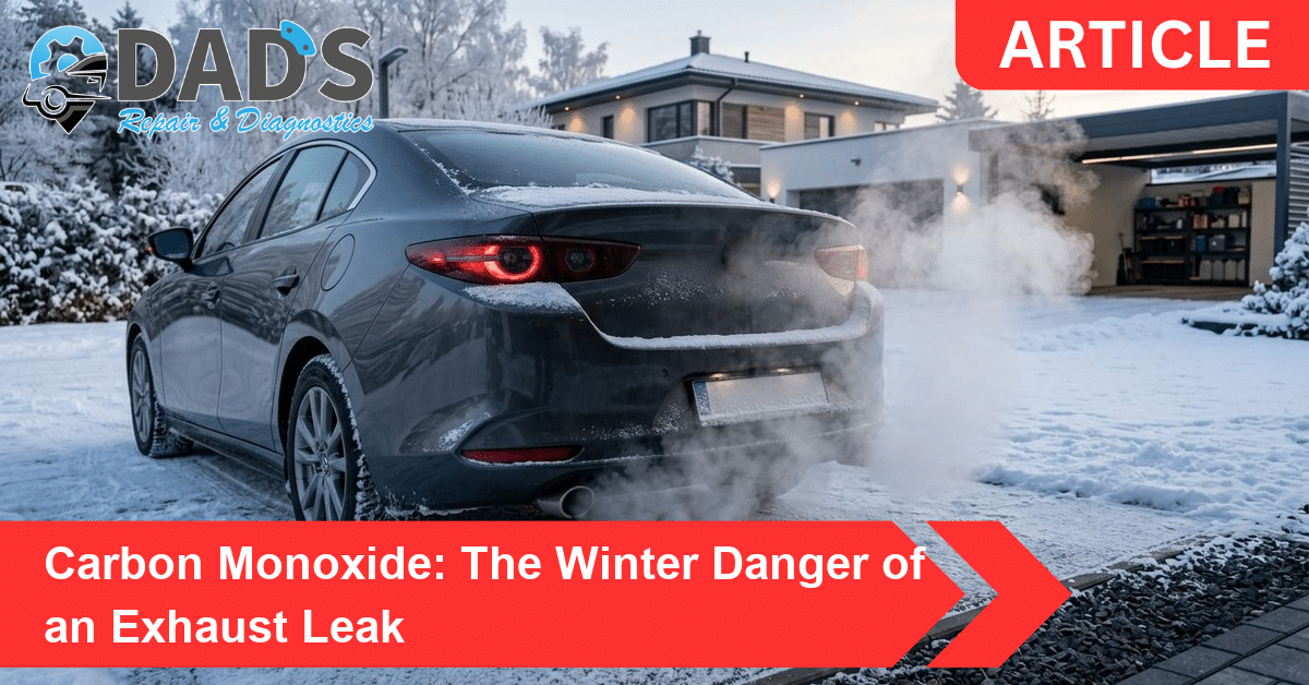 A car idling in a snowy driveway with exhaust billowing, illustrating the carbon monoxide danger of an exhaust leak in winter