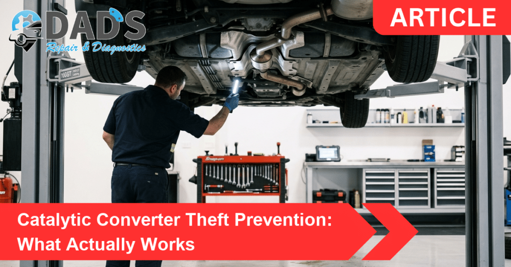 Technician inspecting a catalytic converter theft prevention shield in a clean auto repair shop