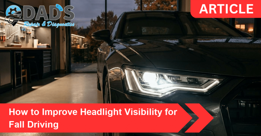 A car headlight lit at dusk in a clean garage, illustrating headlight visibility for fall driving