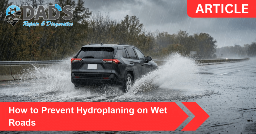 An SUV driving through deep standing water on a flooded highway, showing how to prevent hydroplaning
