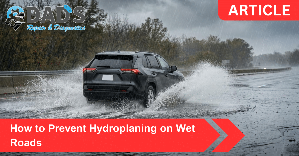 An SUV driving through deep standing water on a flooded highway, showing how to prevent hydroplaning
