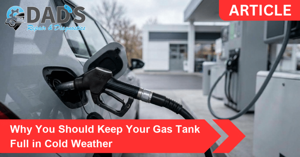 Refueling a car at a gas station on a cold day, a reminder to keep your gas tank full in cold weather