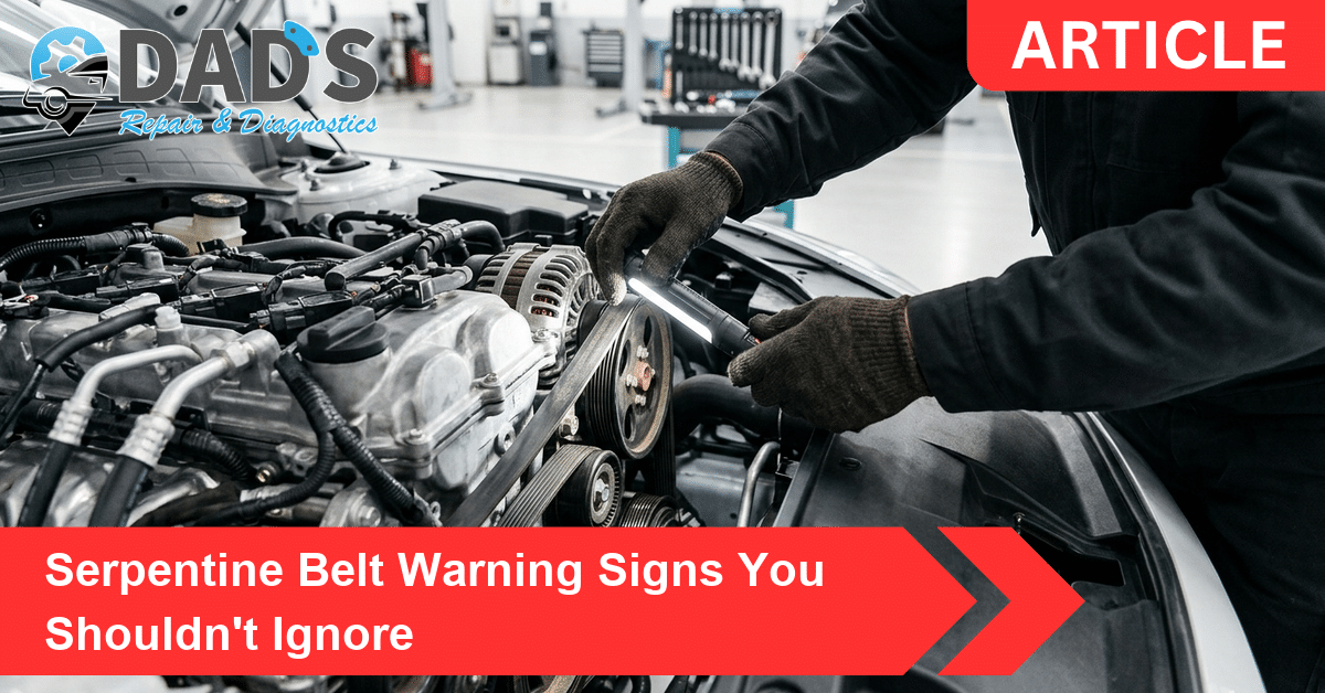Technician inspecting a worn serpentine belt and pulleys on a car engine in a clean shop