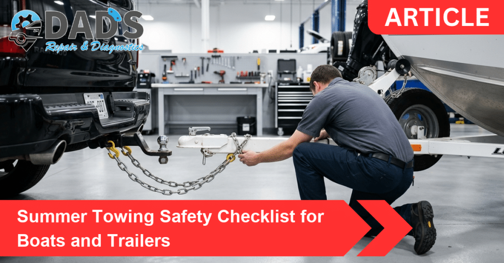 Technician inspecting a boat trailer hitch and safety chains on a pickup truck in a clean shop