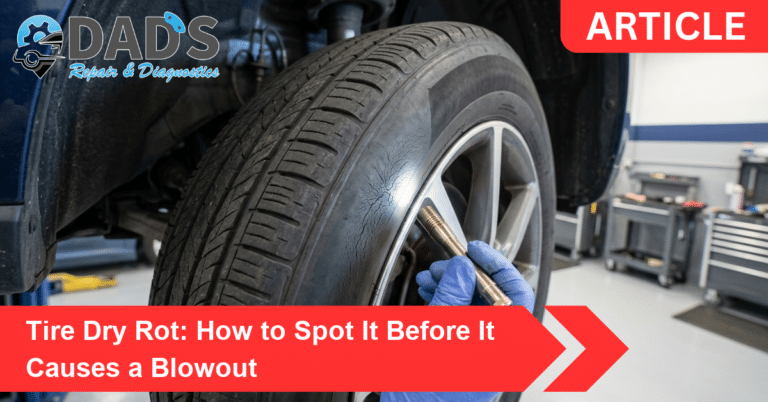 Flashlight on a cracked tire sidewall showing tire dry rot