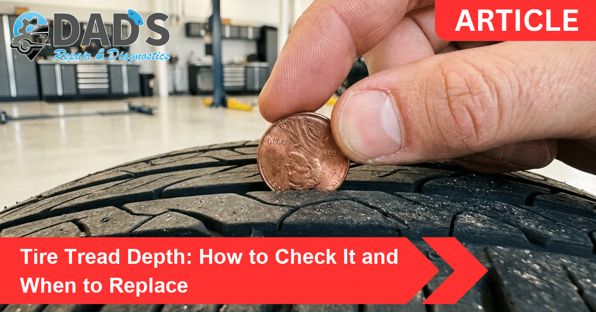A penny placed head-down in a tire tread groove to check tire tread depth