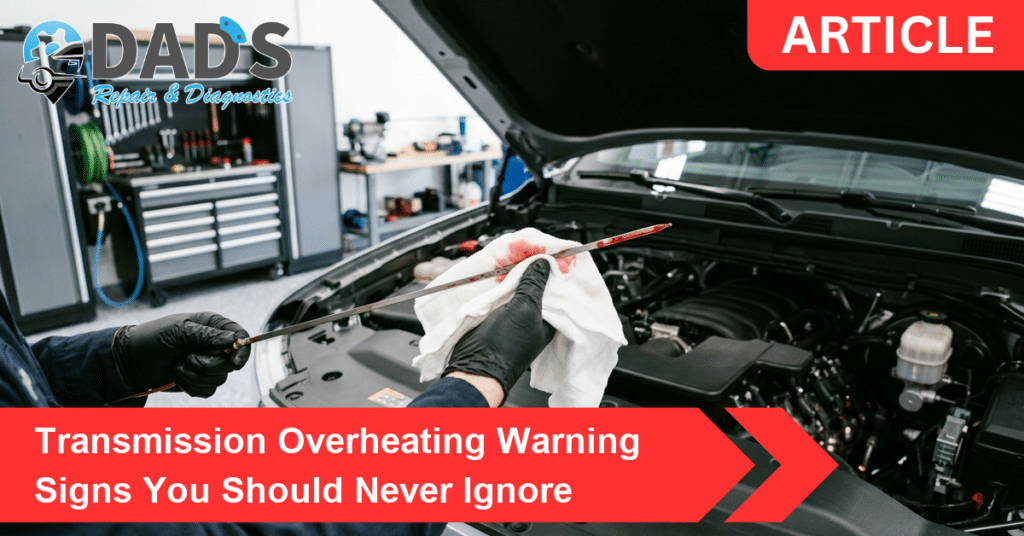 Technician checking transmission fluid for transmission overheating warning signs