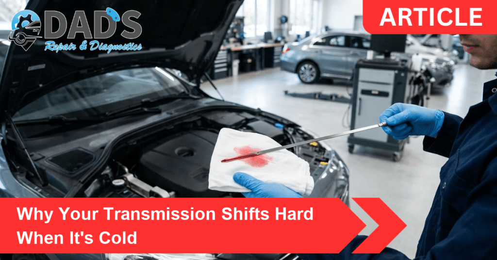 A mechanic checking bright red automatic transmission fluid on a dipstick, illustrating why a transmission shifts hard when it's cold